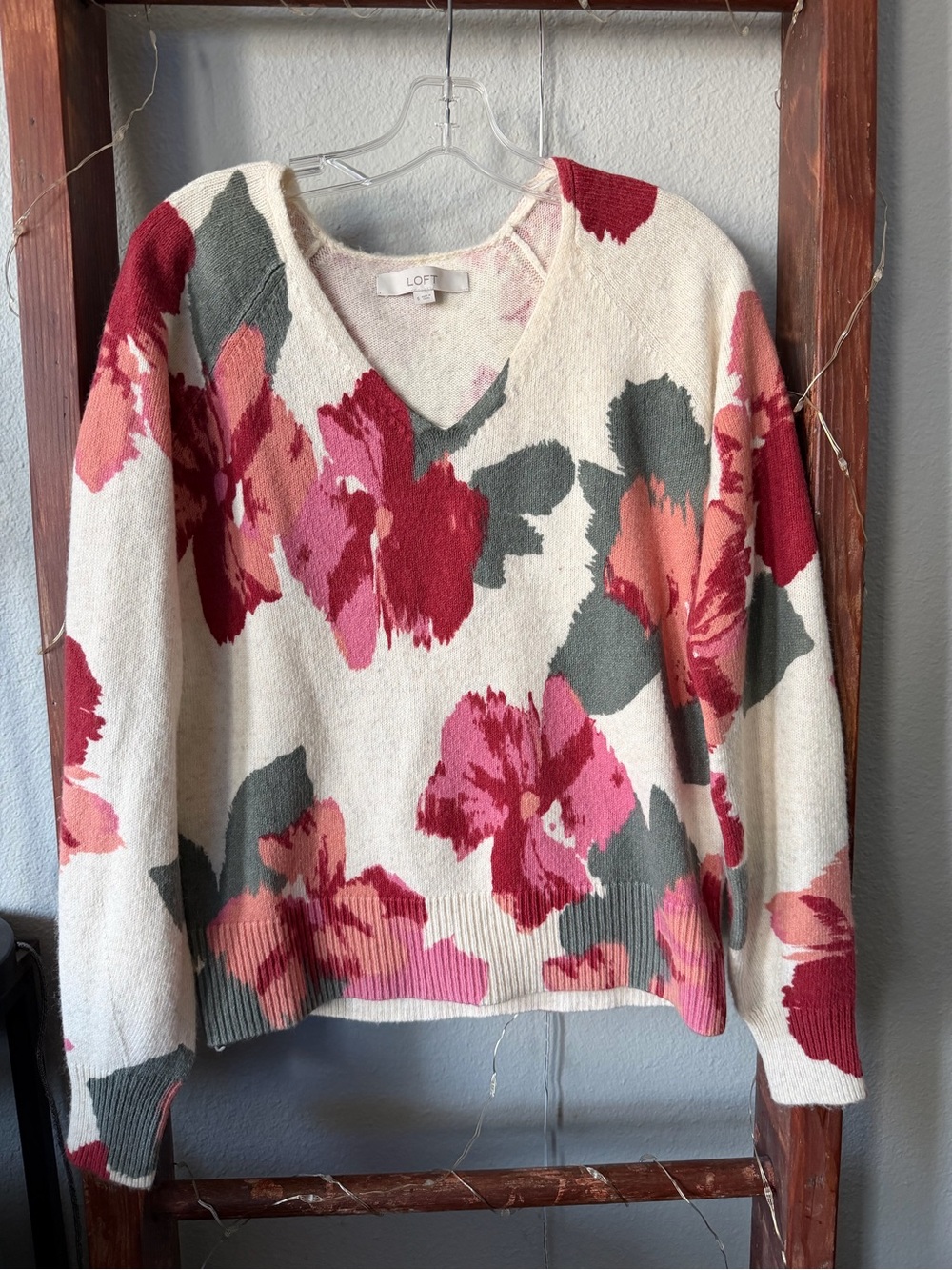 LOFT Cream V-Neck Sweater with Pink and Red Floral Print